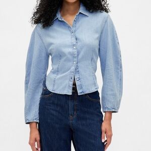 Light Blue Denim Cotton Balloon Sleeve Shirt Sizes Small Petite & Medium Petite